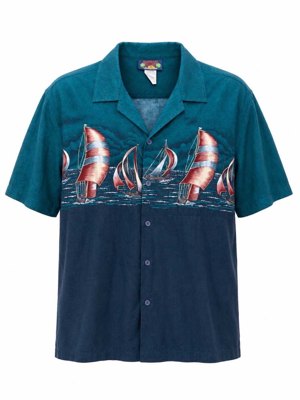 Vintage 90s Hawaii Blues Shirt XL Sailboat Ocean Nautical Border Print Camp